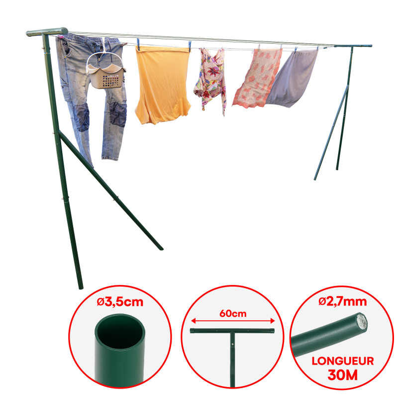 Etendoir à linge extérieur de jardin - longueur max 6m entre poteaux - Acier laqué - 30m de câbles acier - 4 tendeur - Ht 2m14