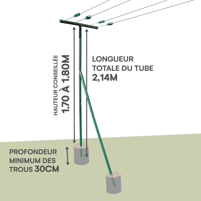 Etendoir à linge extérieur de jardin - longueur max 6m entre poteaux - Acier laqué - 30m de câbles acier - 4 tendeur - Ht 2m14