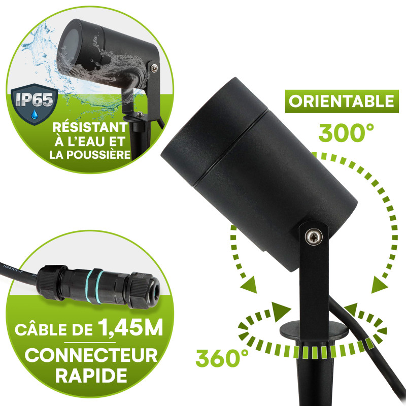 Spots extérieurs design avec piquet X4 - Noirs - Pour Ampoule LED GU10 - Étanche IP65 - Orientables - Fixations discrètes