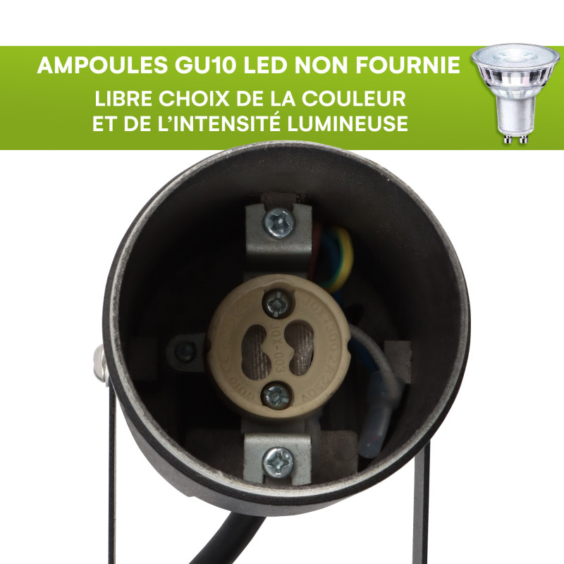 Spots extérieurs design avec piquet X4 - Noirs - Pour Ampoule LED GU10 - Étanche IP65 - Orientables - Fixations discrètes