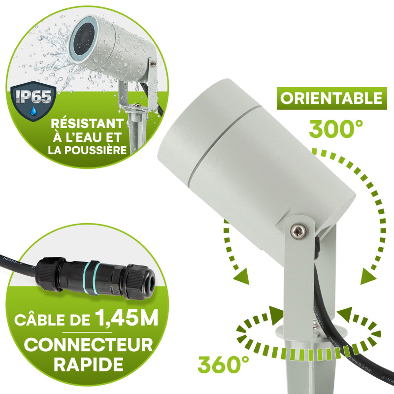 Spots extérieurs design avec piquet X4 - Gris - Pour Ampoule LED GU10 - Étanche IP65 - Orientables - Fixations discrètes