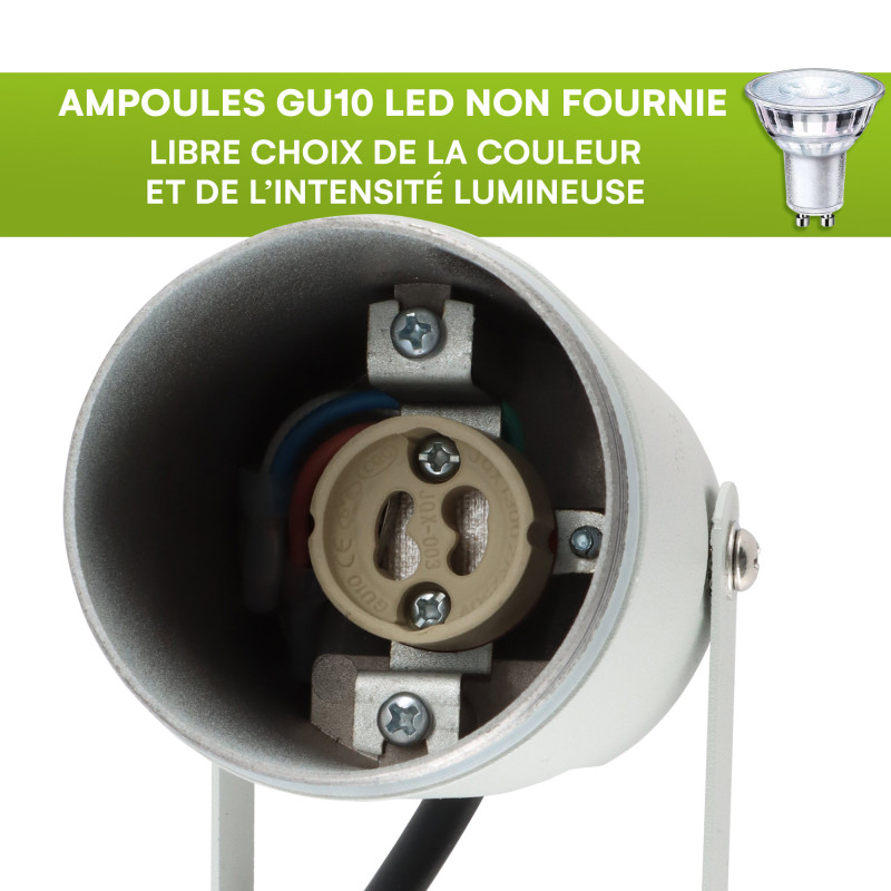 Spots extérieurs design avec piquet X4 - Gris - Pour Ampoule LED GU10 - Étanche IP65 - Orientables - Fixations discrètes