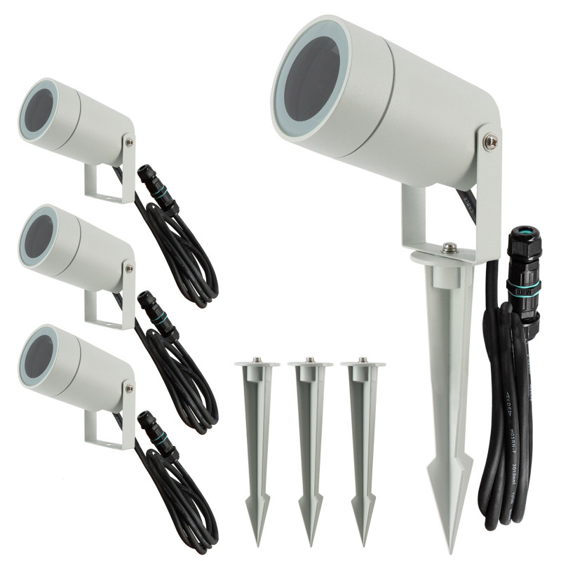 Spots extérieurs design avec piquet X4 - Gris - Pour Ampoule LED GU10 - Étanche IP65 - Orientables - Fixations discrètes