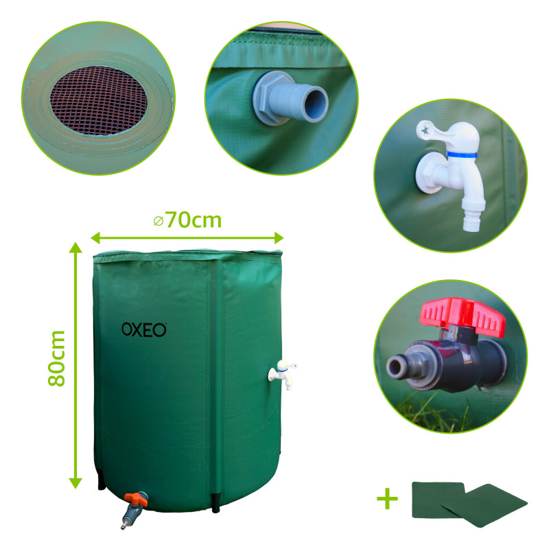 Réservoir récupérateur eaux de pluie 300 Litres cuve souple PVC armé - Pliable - Avec Robinet et Soupape de Décharge - Filtre