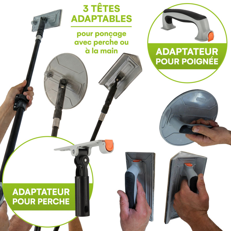 Kit ponçage plaquiste avec perche télescopique 1 m - Ponceuse angle - circulaire - rectangulaire - détail - Feuilles abrasives