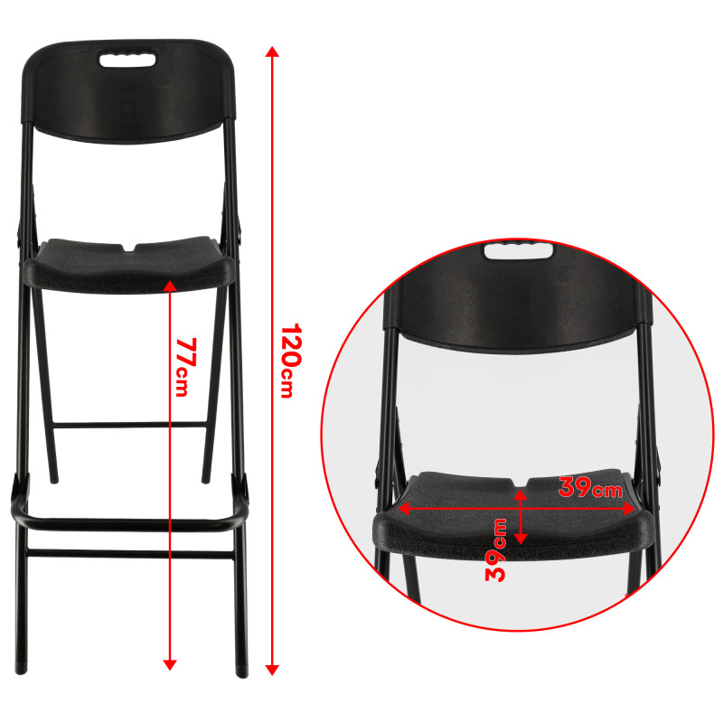 Lot de quatre chaises de bar pliantes noires - Ht 120cm - Chaises hautes pliantes - Cadre en acier - avec dossier et repose pied