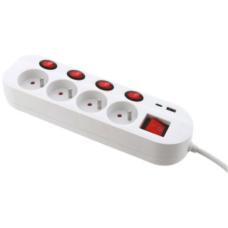 Bloc multiprise - Blanc - 4 prises 16A+T - 5 interrupteurs - Chargeur USB C et A - Multiple Charge Rapide - Câble 1,5 mètres