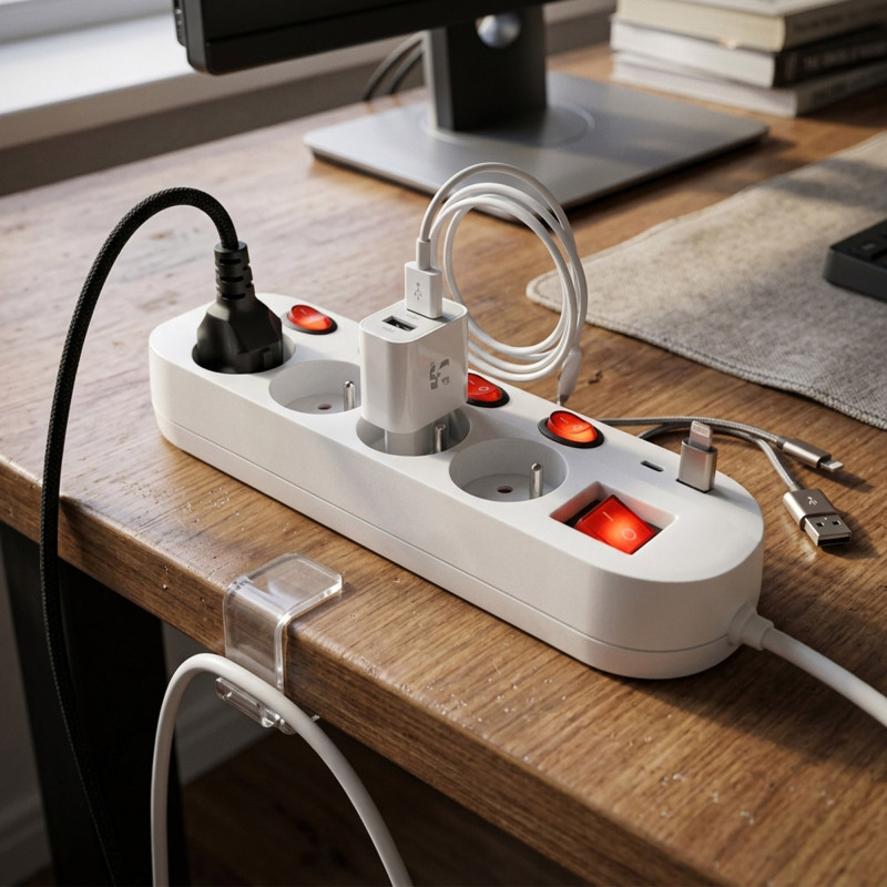 Bloc multiprise - Blanc - 4 prises 16A+T - 5 interrupteurs - Chargeur USB C et A - Multiple Charge Rapide - Câble 1,5 mètres