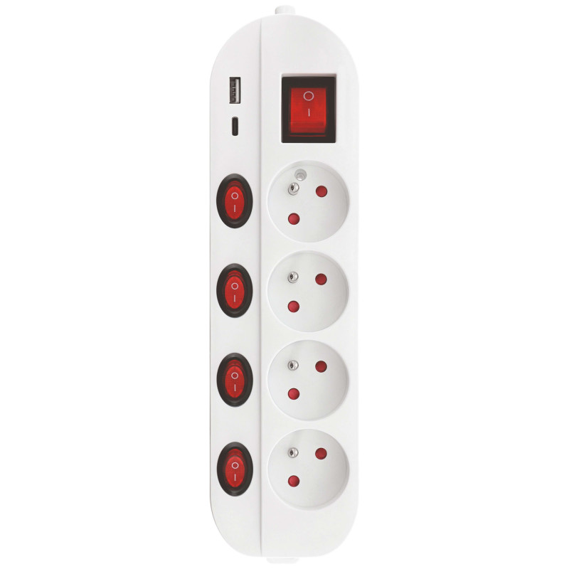 Bloc multiprise - Blanc - 4 prises 16A+T - 5 interrupteurs - Chargeur USB C et A - Multiple Charge Rapide - Câble 1,5 mètres