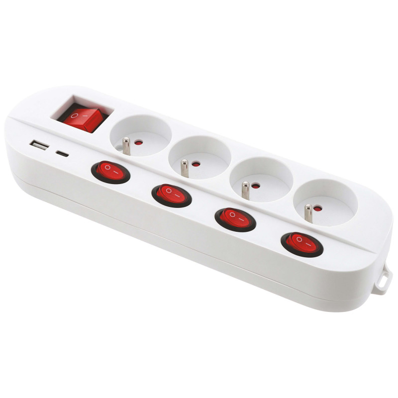 Bloc multiprise - Blanc - 4 prises 16A+T - 5 interrupteurs - Chargeur USB C et A - Multiple Charge Rapide - Câble 1,5 mètres