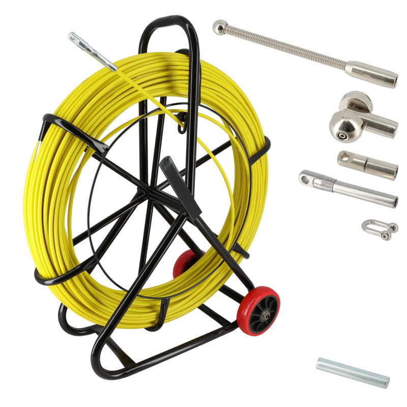 Aiguille tire fil sur dévidoir avec roues - 8mm - longueur 140m - Tire câble électricien Fibre de verre - Rigide et résistante