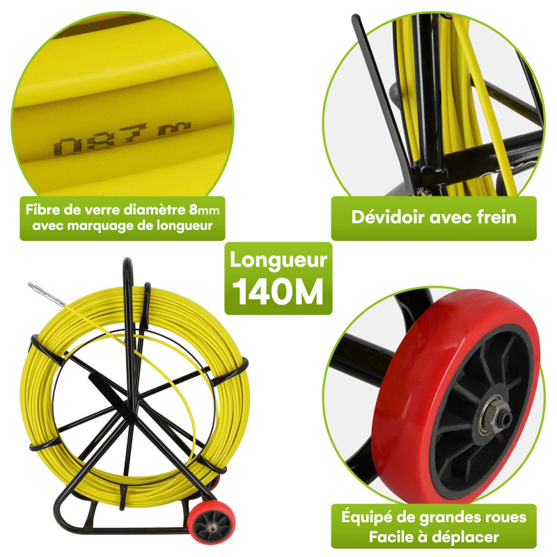 Aiguille tire fil sur dévidoir avec roues - 8mm - longueur 140m - Tire câble électricien Fibre de verre - Rigide et résistante