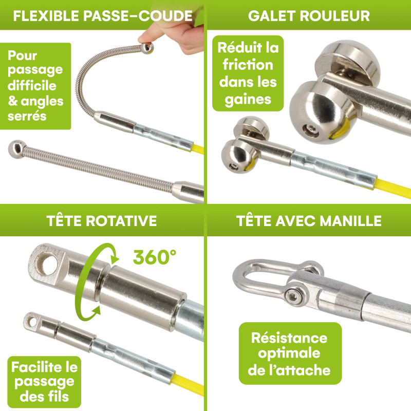 Aiguille tire fil sur dévidoir avec roues - 8mm - longueur 140m - Tire câble électricien Fibre de verre - Rigide et résistante