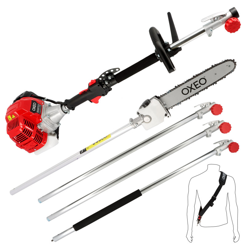 Elagueuse thermique sur perche - Moteur 2 temps 52 cm3 - 3 rallonges extensions - Longueur totale 5.06m - Guide chaîne 30cm