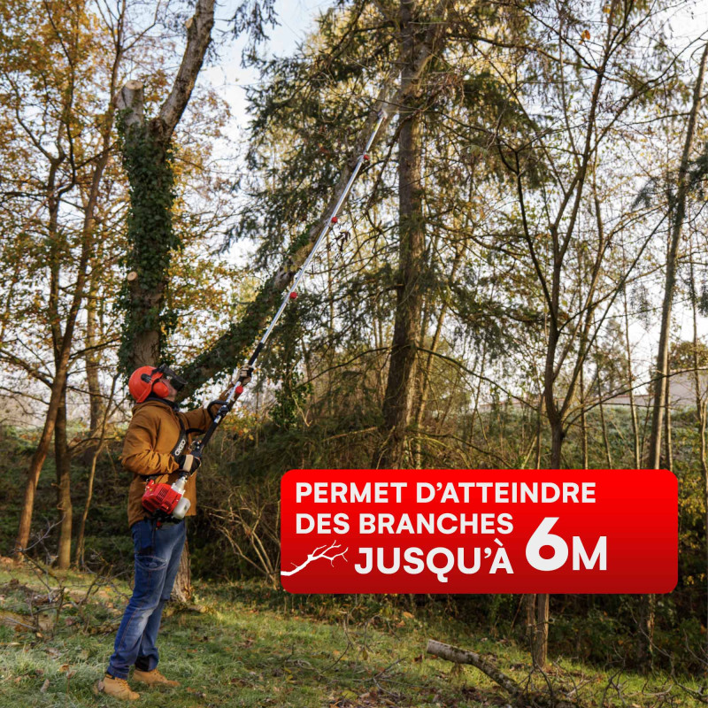 Elagueuse thermique sur perche - Moteur 2 temps 52 cm3 - 3 rallonges extensions - Longueur totale 5.06m - Guide chaîne 30cm