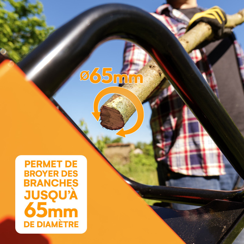 Broyeur de végétaux thermique 7CV - branches diamètre 6,5cm - Moteur 212 cm3 4 temps - Roues gonflées 30cm - Facile à déplacer