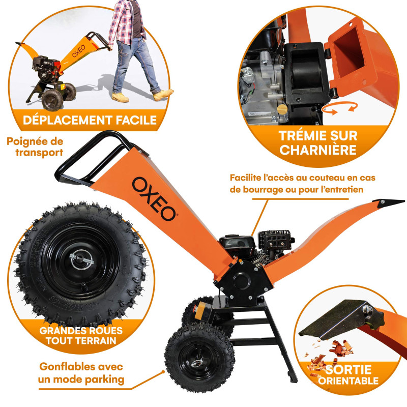 Broyeur de végétaux thermique 7CV - branches diamètre 6,5cm - Moteur 212 cm3 4 temps - Roues gonflées 30cm - Facile à déplacer