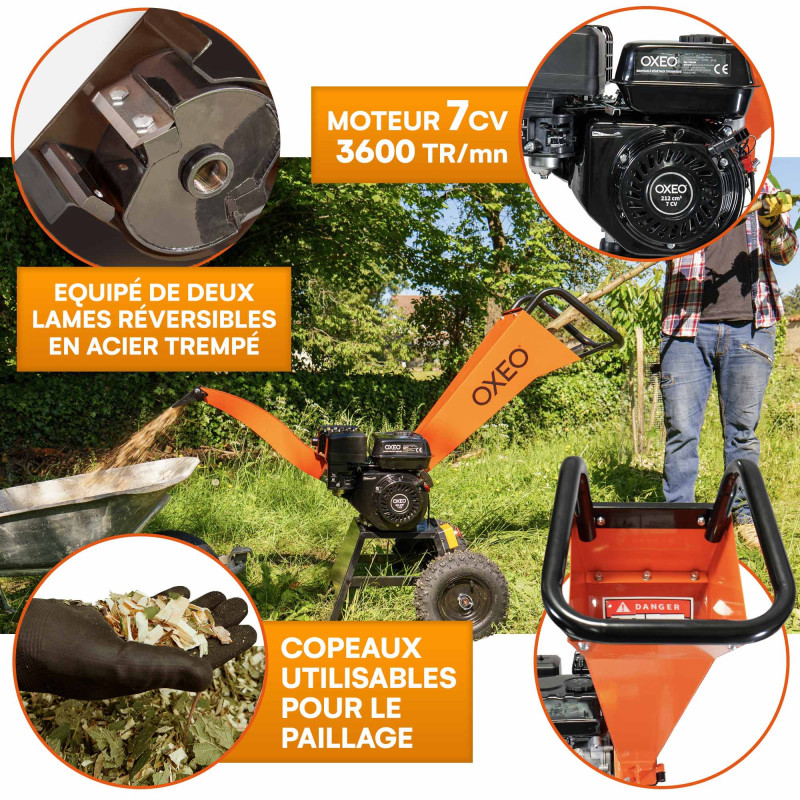 Broyeur de végétaux thermique 7CV - branches diamètre 6,5cm - Moteur 212 cm3 4 temps - Roues gonflées 30cm - Facile à déplacer
