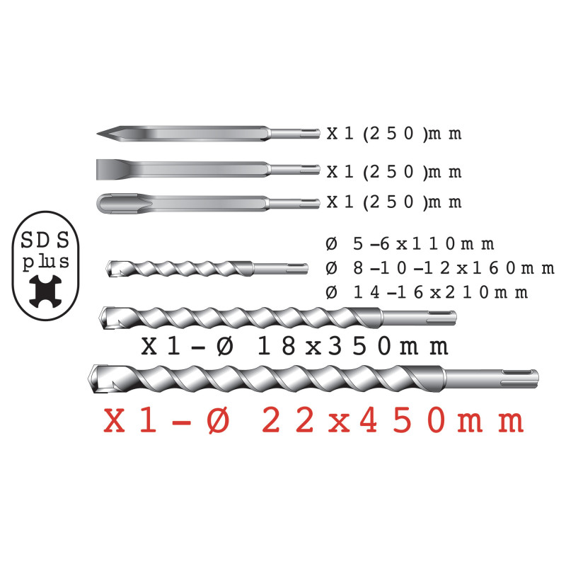 12 Pièces pour marteau perforateur SDS PLUS- 9 forets béton -1 ciseau maçon -1 broche de maçon -1 gouge à rainurer