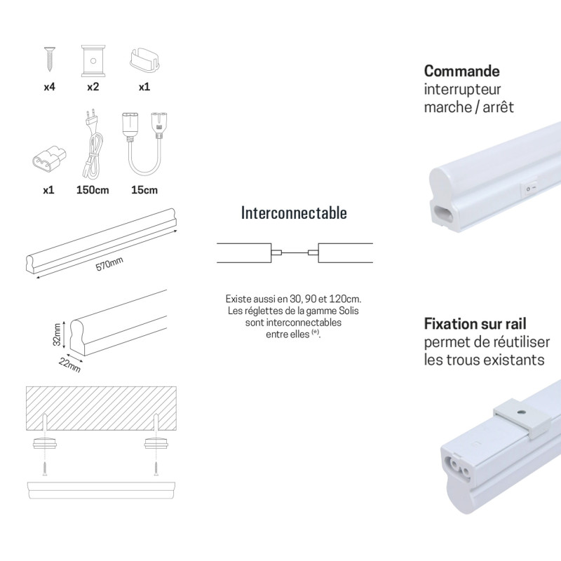 Réglette 60 cm - LED intégrées 8w