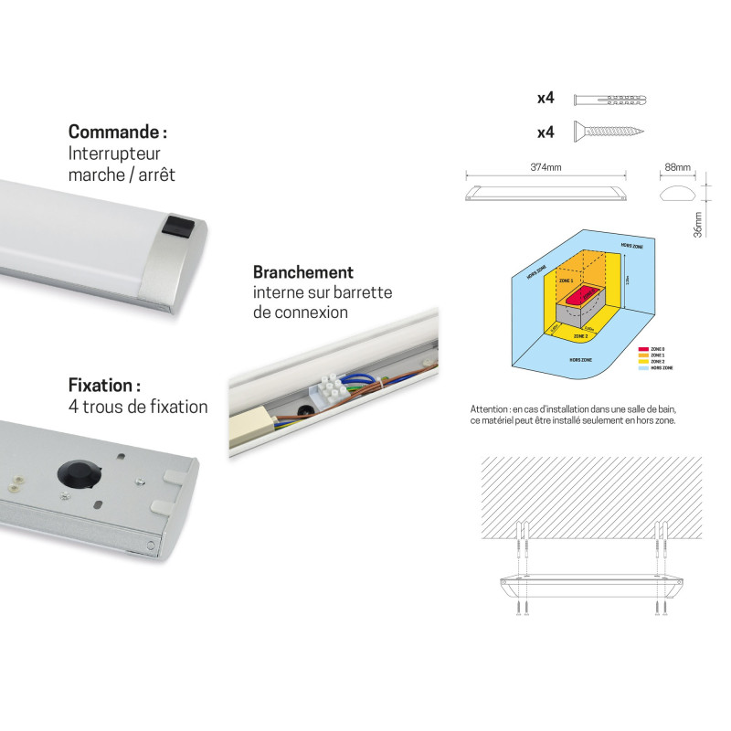 Réglette led cuisine 37 cm - avec interrupteur
