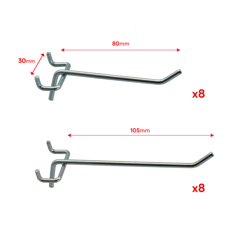 Lot de 16 crochets - Pour panneau mural rangement outils - Pour ref Oxeo 760243