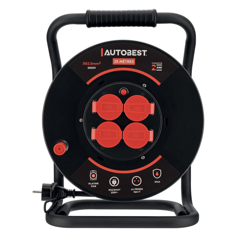 Enrouleur de chantier 25 mètres - AUTOBEST - 3G2.5mm² - 4 prises - 16A