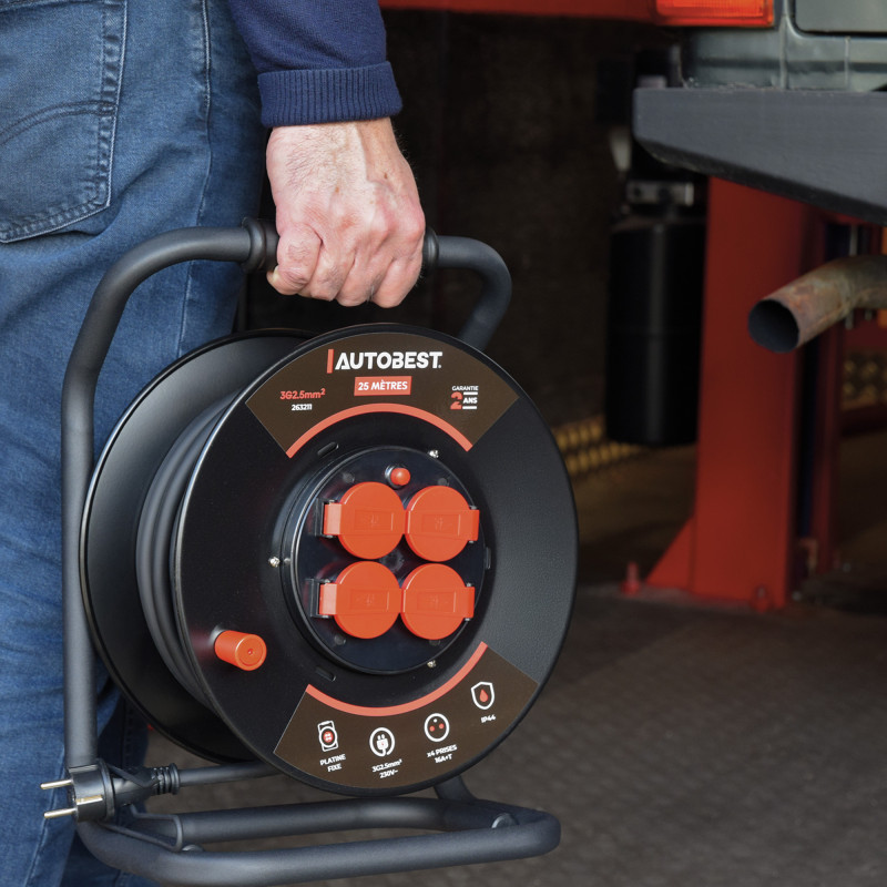 Enrouleur de chantier 25 mètres - AUTOBEST - 3G2.5mm² - 4 prises - 16A