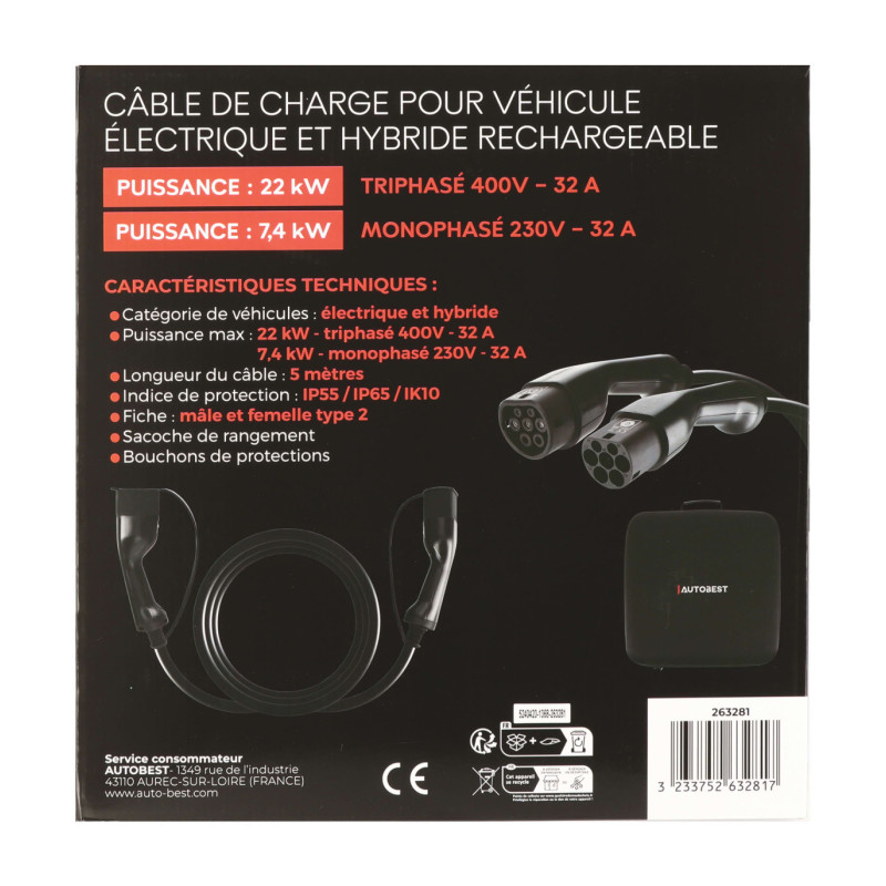 Câble véhicule électrique hybride 5M 32A 230/400V