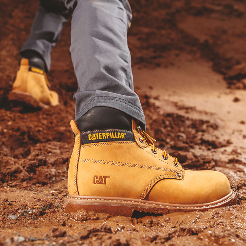 Chaussures De Sécurité Hautes – Caterpillar Powerplant Miel S3 HRO SRA – Cuir Nubuck Waterproof – Embout Acier – Homme