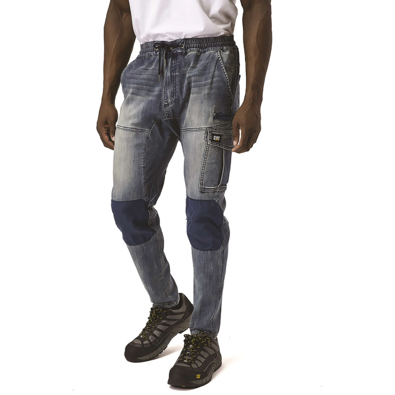 Jeans De Travail Baggy Slim – Caterpillar Dynamic Denim Bleu – 65% Coton – Taille Élastique & Cordon – Confort Durable