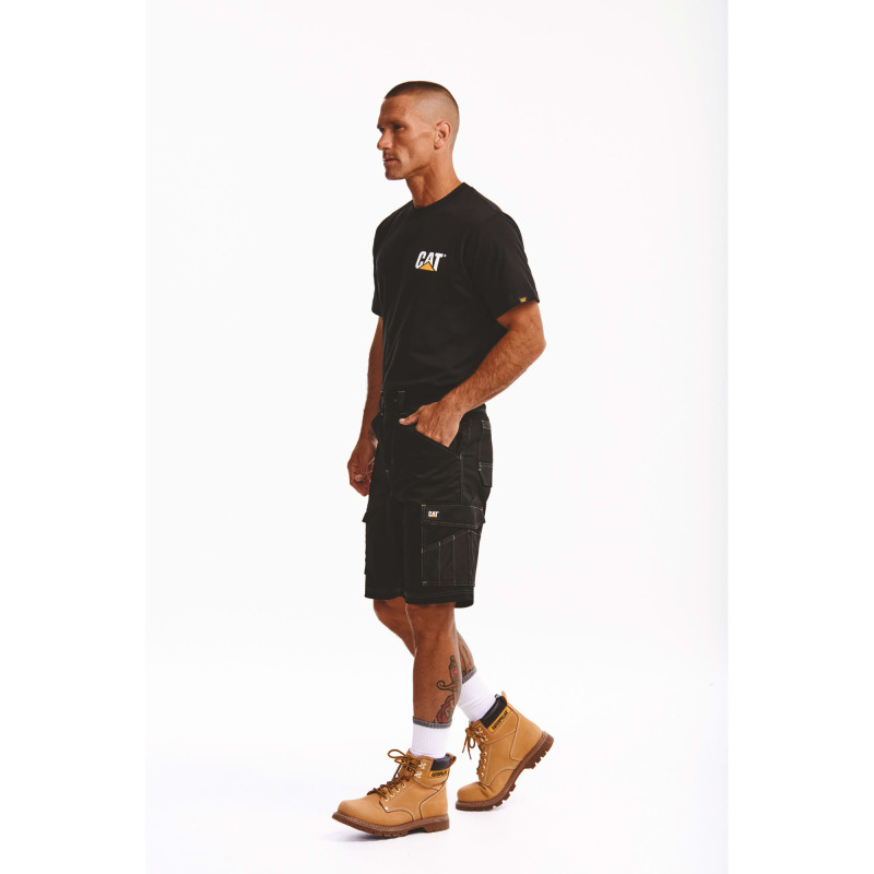Short De Travail Stretch – Caterpillar Essential Noir – 65% Polyester / 33% Coton / 2% Élasthanne – Coupe Slim – Multi-Poches