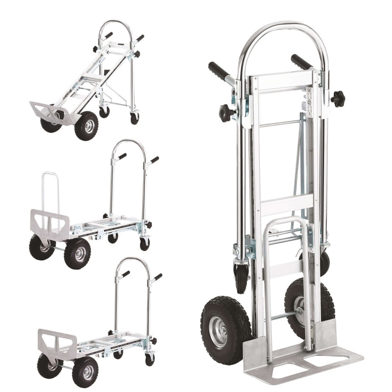 Diable aluminium 3 en 1 - charge maxi 250kg - 2 roues pivotantes - 2 roues gonflables - Plateau 45,5 x 18 cm