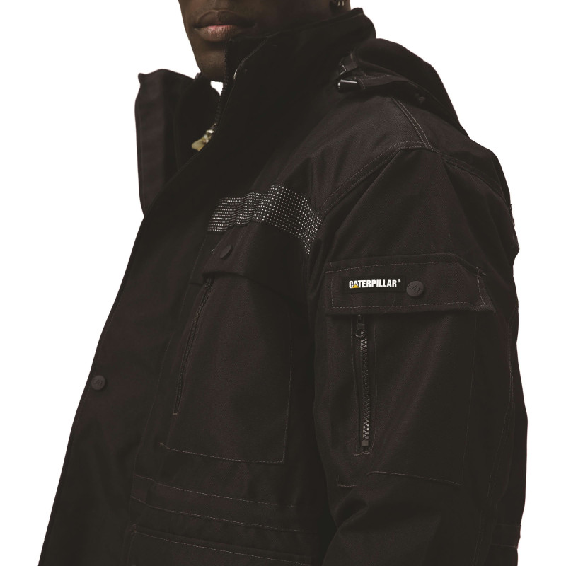 Parka Noire Homme – Caterpillar – Tissu Oxford – Doublure Micropolaire – Idéale Froid & Pluie – Capuche Double Amovible