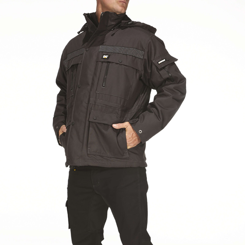 Parka Noire Homme – Caterpillar – Tissu Oxford – Doublure Micropolaire – Idéale Froid & Pluie – Capuche Double Amovible