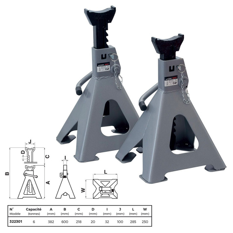 Chandelles voiture à crémaillère X 2 – 6T - levage 382 à 600 mm