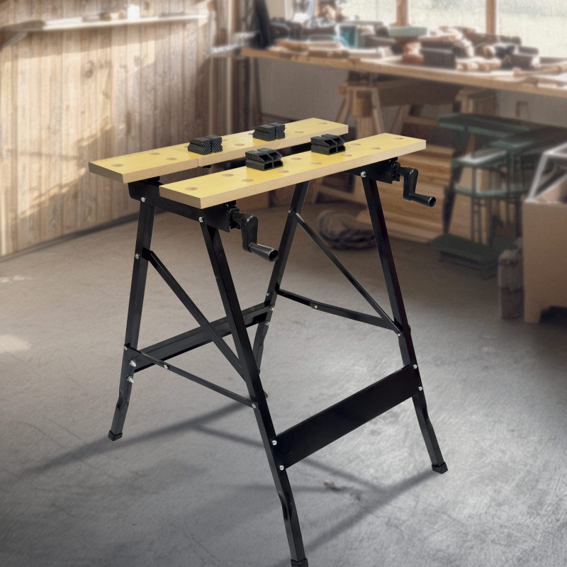 Établi étau portable - Plateau bois - 4 butées amovibles - Pliable - Gradué