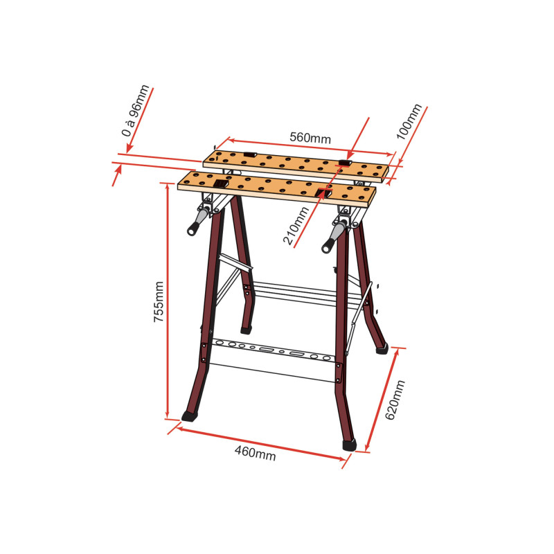 Établi étau portable - Plateau bois - 4 butées amovibles - Pliable - Gradué