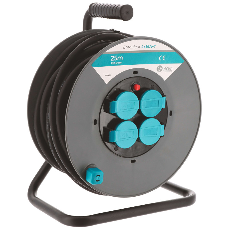 Enrouleur de Chantier 25M GEFOM – Câble 3G2.5mm² – IP44 Étanche – 4 Prises 16A + Clapet – Sécurité et Puissance