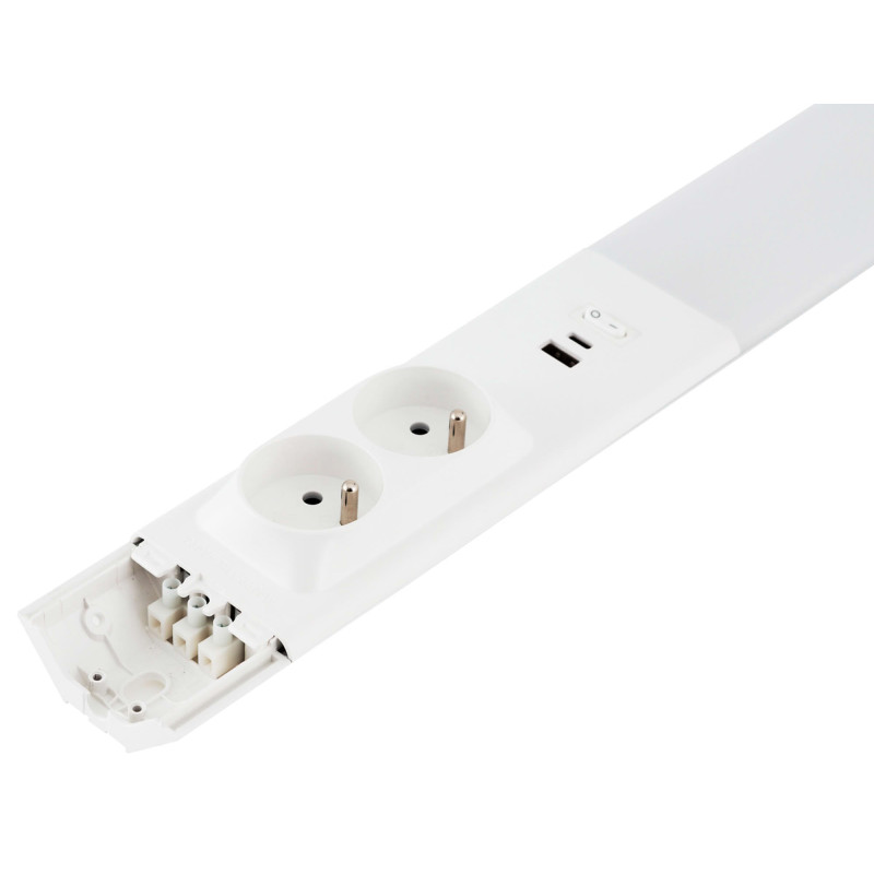 Réglette LED cuisine 80cm - Réglette d'angle - Aluminium - 18W - 2 prises - 2 chargeurs USB