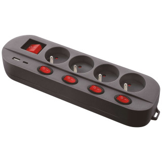 Bloc multiprise - Noir - 4 prises 16A+T - 5 interrupteurs - Chargeur USB C et A - Multiple Charge Rapide - Câble 1,5 mètres