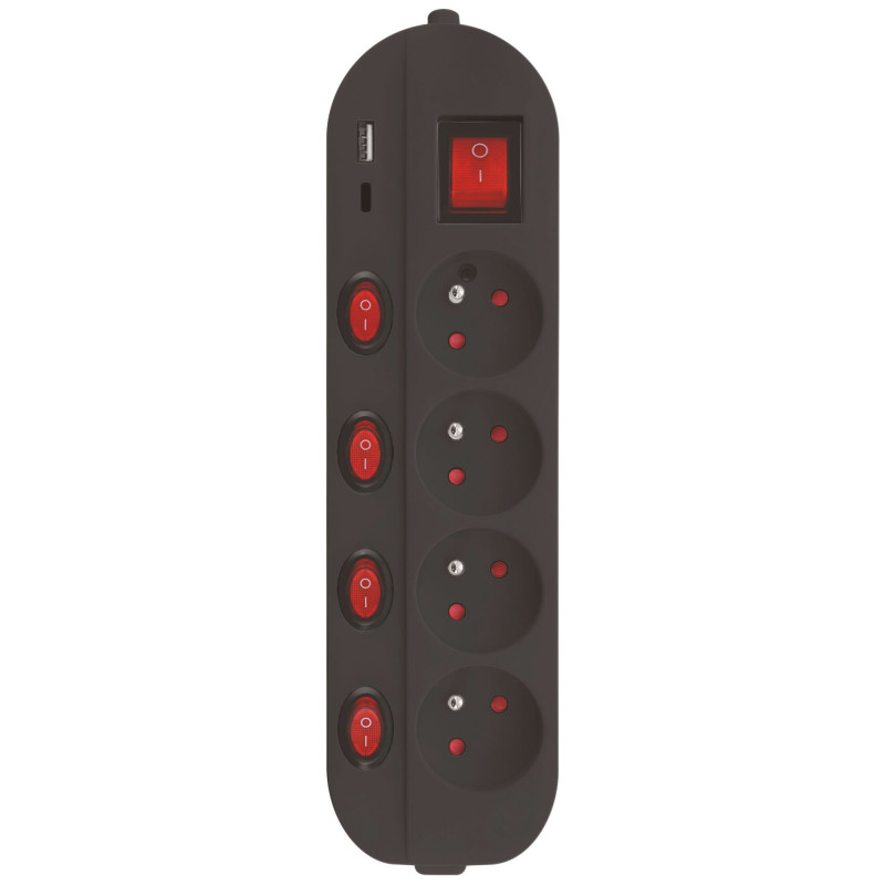 Bloc multiprise - Noir - 4 prises 16A+T - 5 interrupteurs - Chargeur USB C et A - Multiple Charge Rapide - Câble 1,5 mètres