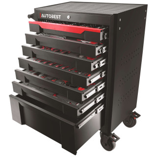 Servante 7 tiroirs équipée 328 outils Autobest - Capacité 30 kg par tiroir - 2 roues fixes - 2 roues avec freins