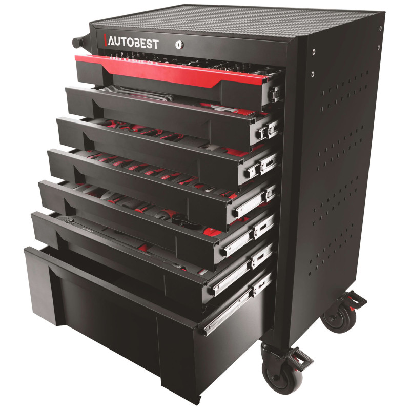 Servante 7 tiroirs équipée 328 outils Autobest - Capacité 30 kg par tiroir - 2 roues fixes - 2 roues avec freins