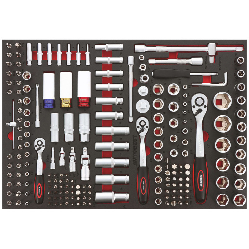 Servante 7 tiroirs équipée 328 outils Autobest - Capacité 30 kg par tiroir - 2 roues fixes - 2 roues avec freins