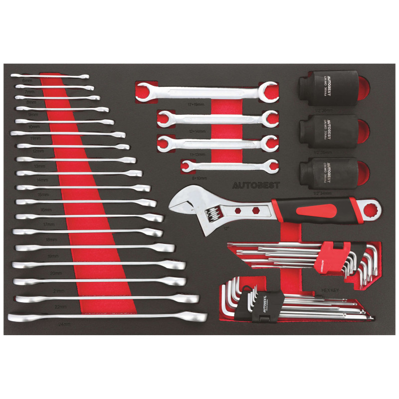 Servante 7 tiroirs équipée 328 outils Autobest - Capacité 30 kg par tiroir - 2 roues fixes - 2 roues avec freins