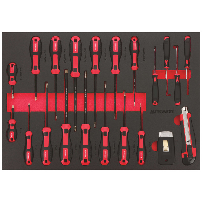Servante 7 tiroirs équipée 328 outils Autobest - Capacité 30 kg par tiroir - 2 roues fixes - 2 roues avec freins