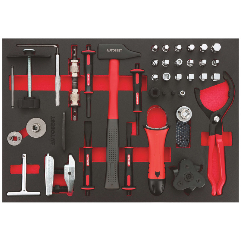 Servante 7 tiroirs équipée 328 outils Autobest - Capacité 30 kg par tiroir - 2 roues fixes - 2 roues avec freins