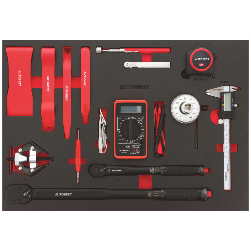 Servante 7 tiroirs équipée 328 outils Autobest - Capacité 30 kg par tiroir - 2 roues fixes - 2 roues avec freins