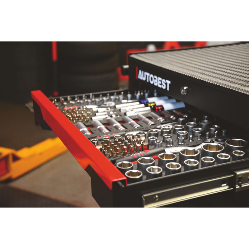 Servante 7 tiroirs équipée 328 outils Autobest - Capacité 30 kg par tiroir - 2 roues fixes - 2 roues avec freins